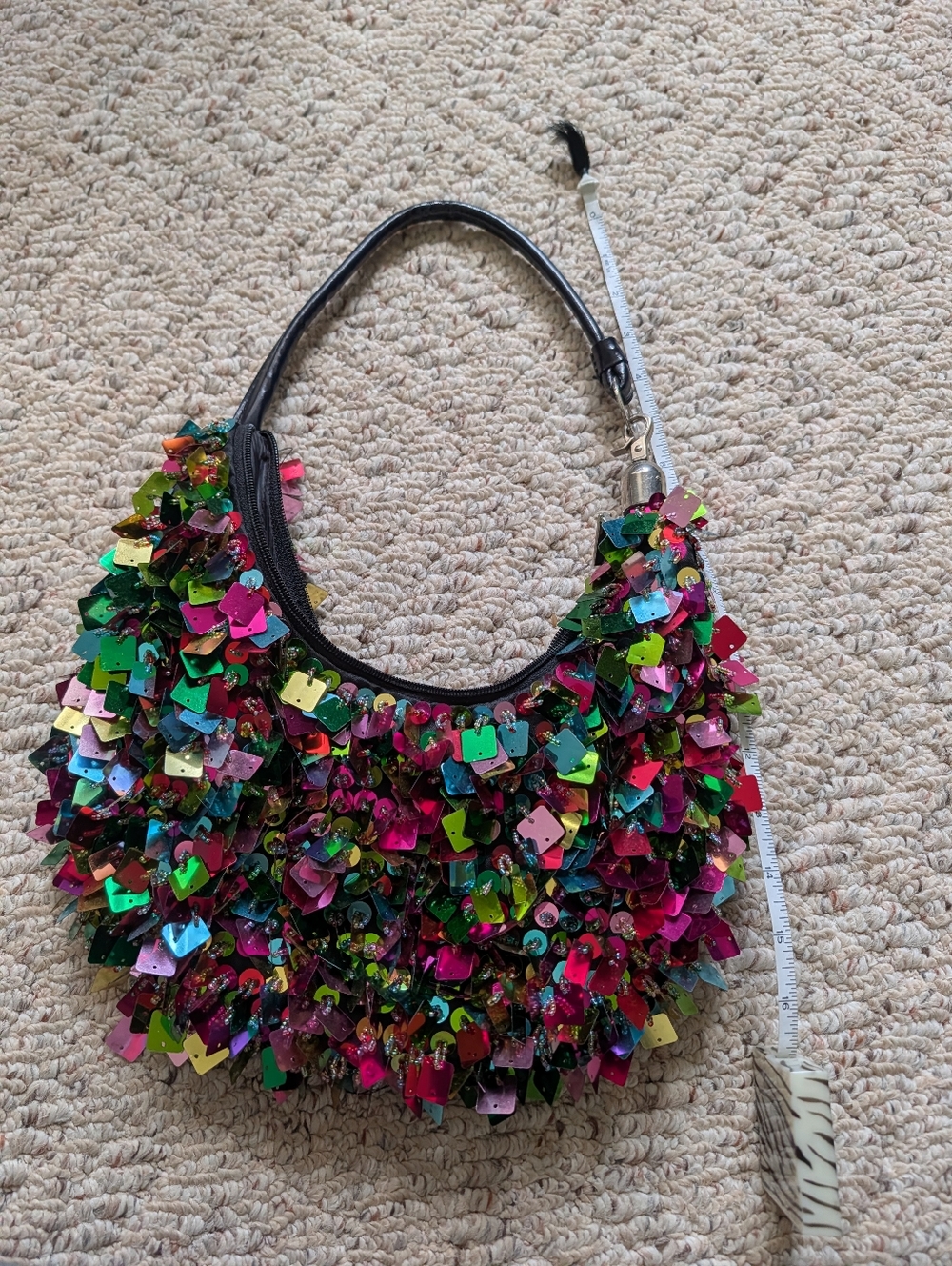 Vintage Y2K 2000s Rainbow Multicolor Sequin Beaded Hobo Bag Purse Leather - Picture 4 of 5